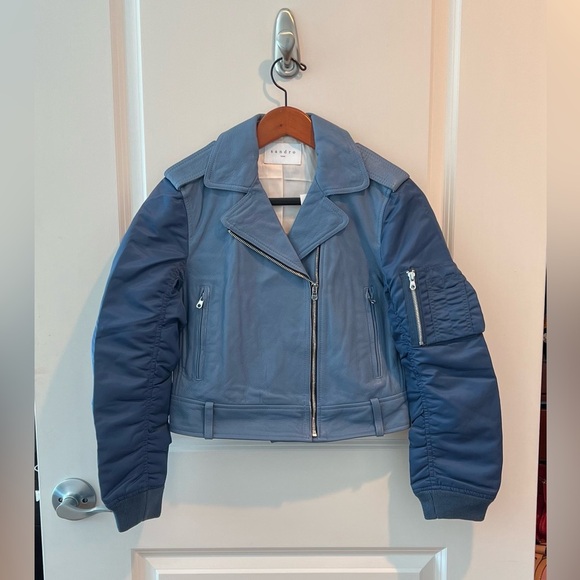 SANDRO Blue Ruched Shell-Paneled Sleeves Leather Goat Biker Jacket - Picture 3 of 16